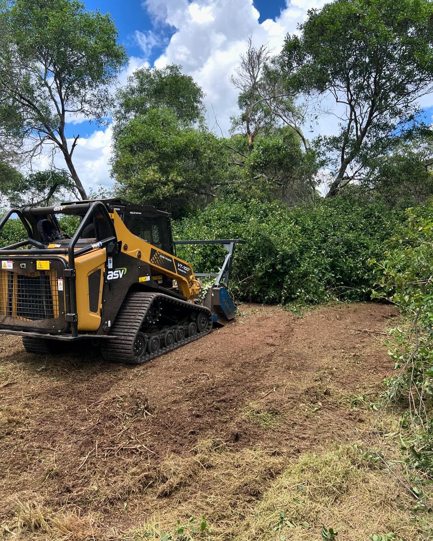 A Yellow Skid Steer Clears Brush in a Clearing Under a Partly Cloudy Sky — Dudgeon’s Earthworks in Murgon, QLD