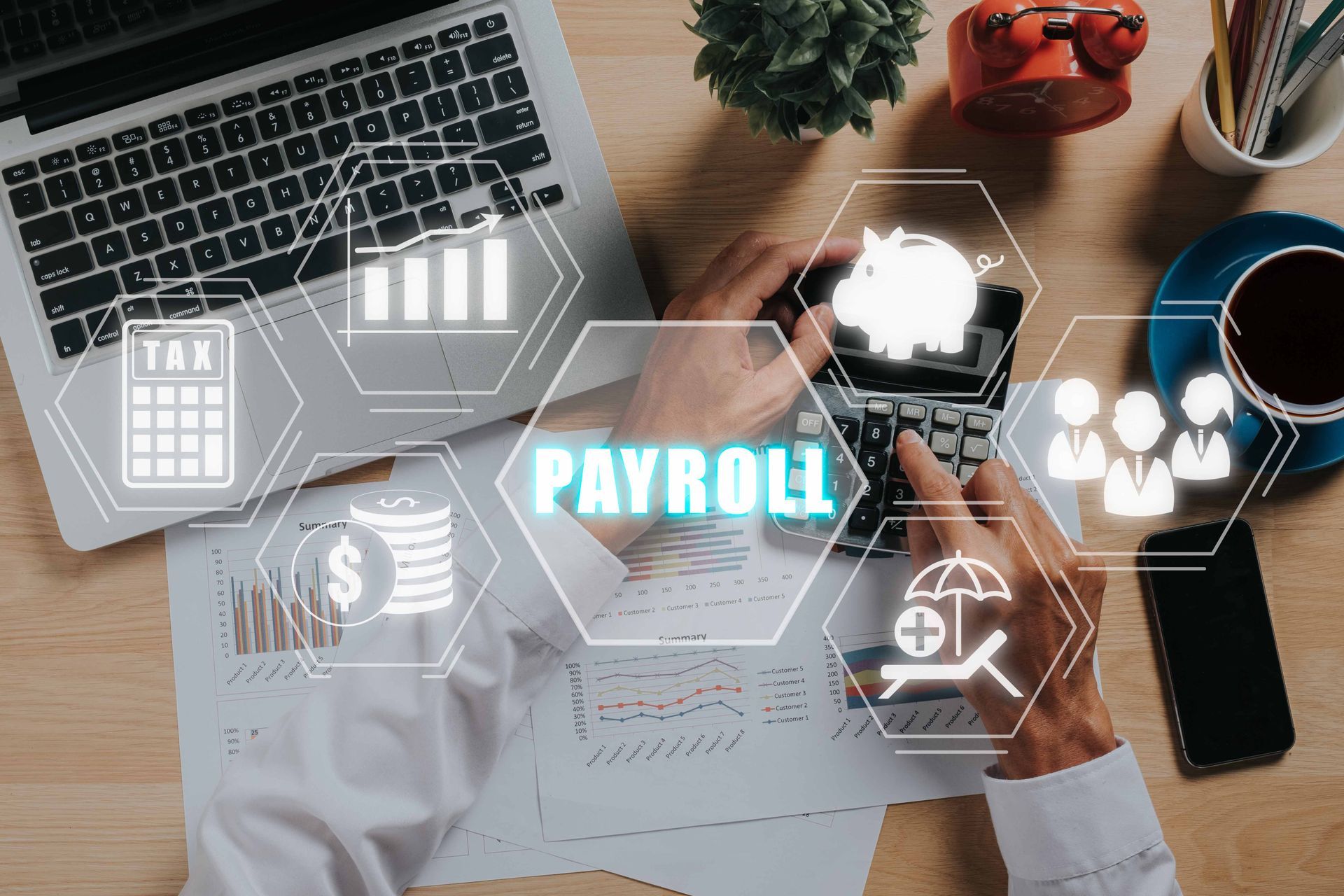 Person calculating payroll on a desk, with laptop, documents, and icons overlayed.