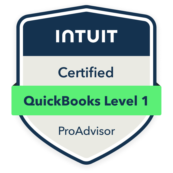 Intuit Certified QuickBooks Level 1 ProAdvisor badge; navy, tan, and green colors.