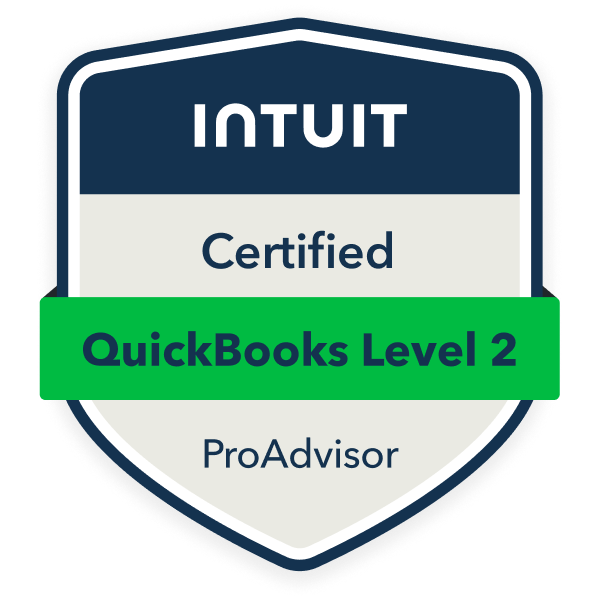 Intuit Certified QuickBooks Level 2 ProAdvisor badge in white, blue, and green.