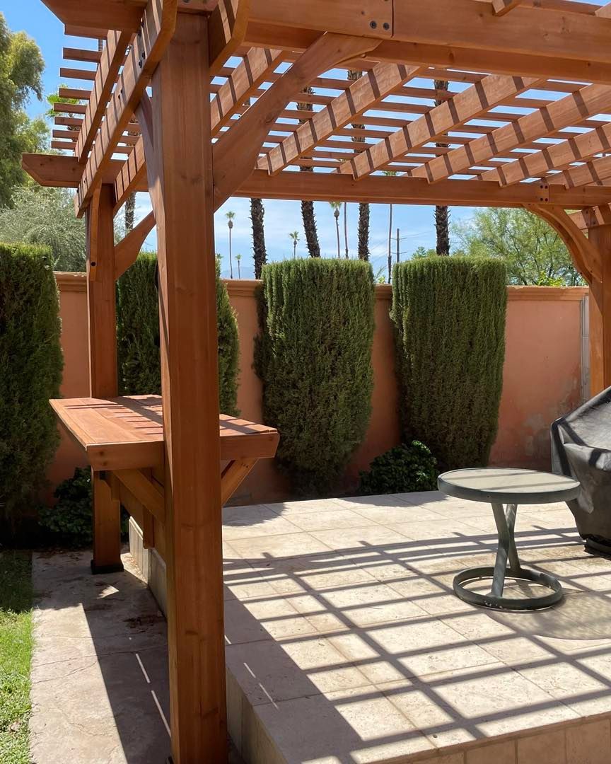 Picture of a beautiful pergola in an outdoor area that is offering some shade on a hot summer day here in Coachella, Ca.