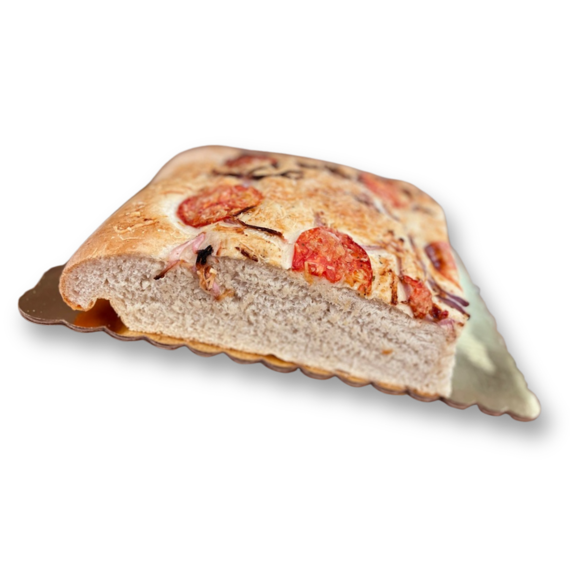 Slice of pizza with pepperoni on a gold-colored serving tray.