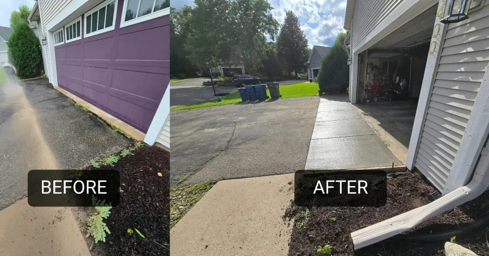 Before and after comparison of a driveway cleaning. The 
