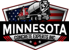 Logo: Red concrete truck and mixer, Minnesota Concrete Experts Inc. in shield shape with US flag background.