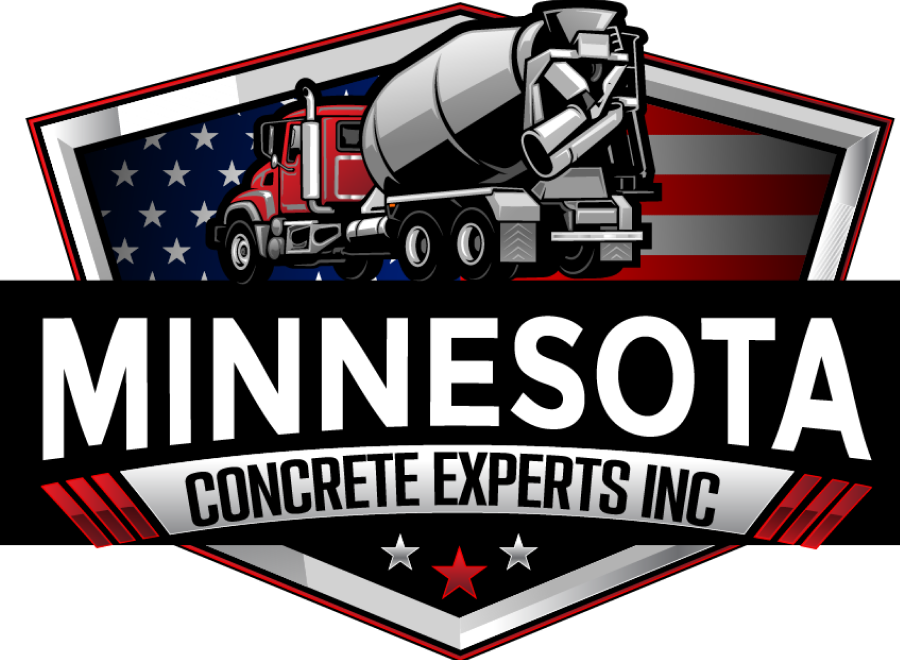 Logo: Red concrete truck and mixer, Minnesota Concrete Experts Inc. in shield shape with US flag background.