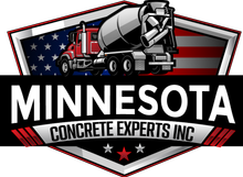 Logo: Red concrete truck and mixer, Minnesota Concrete Experts Inc. in shield shape with US flag background.