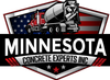 Logo: Red concrete truck and mixer, Minnesota Concrete Experts Inc. in shield shape with US flag background.