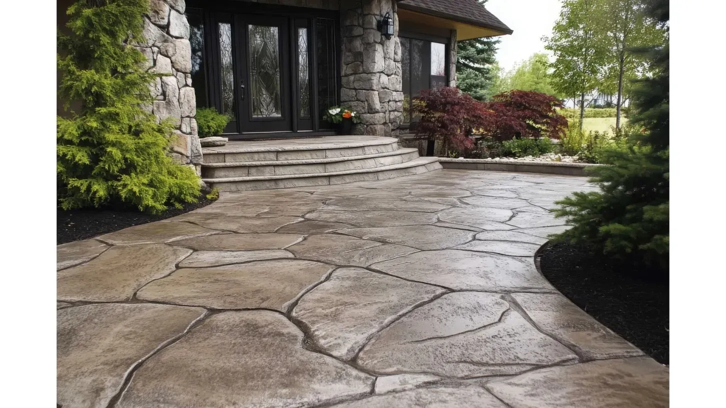 Stone pathway leading to a house with a stone facade and dark double doors, surrounded by landscaping.
