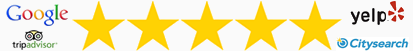 A row of yellow stars with google yelp and tripadvisor logos in the background
