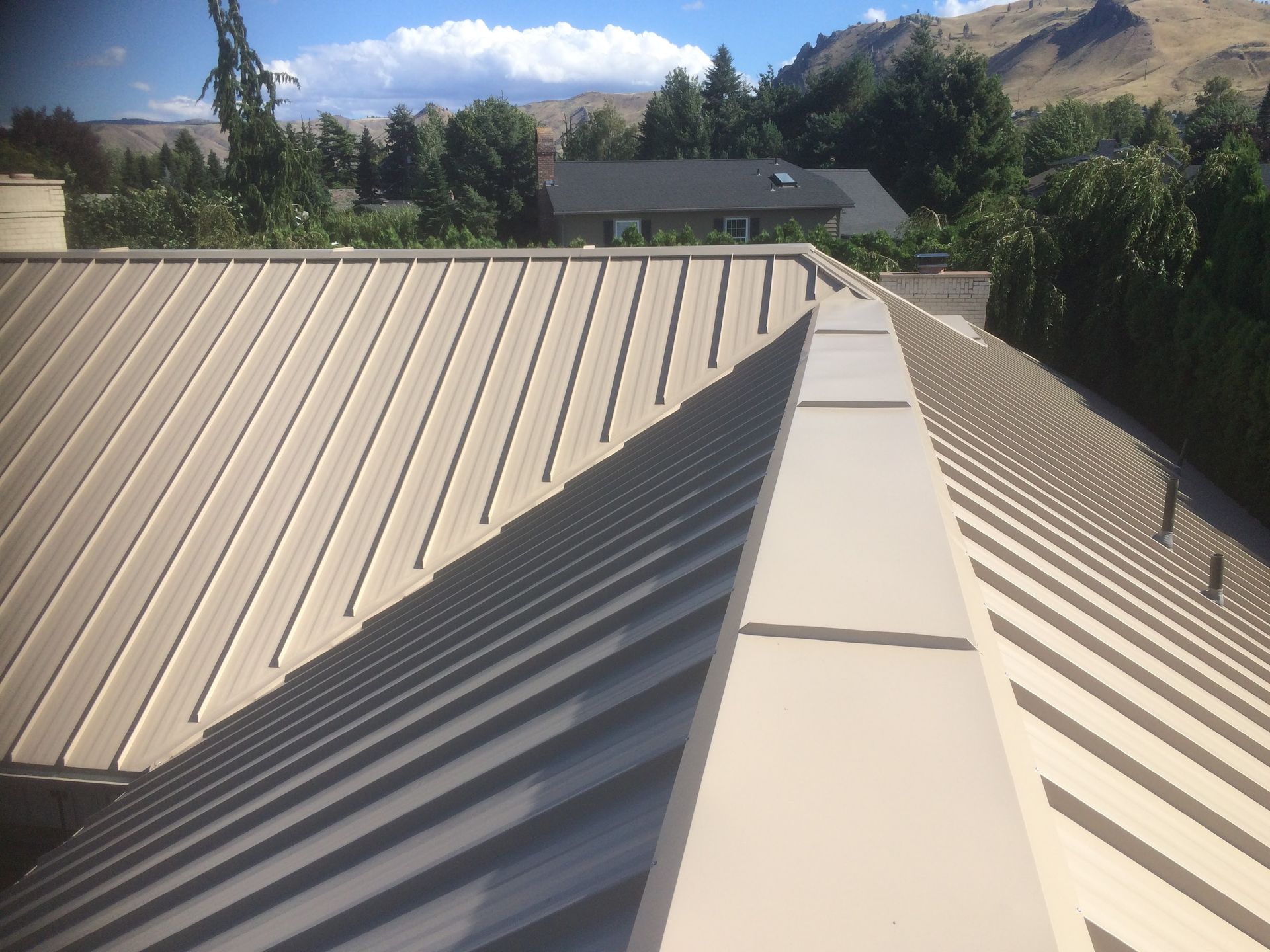 A close up of a roof with a house in the background