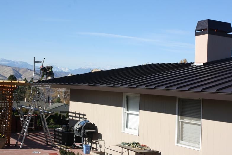 A house with a metal roof and a chimney