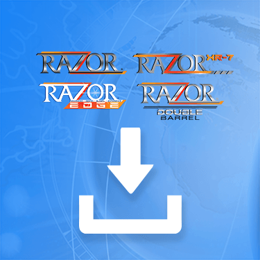Razor, Razor Double Barrel, Razor EDGE, and Razor XR-7 Wash logos with download arrow overlaying Washworld globe