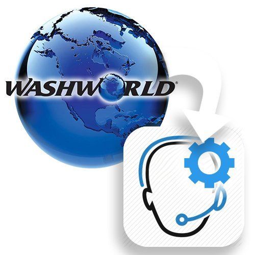Arrow from Washworld globe logo to tech support icon with blue gear