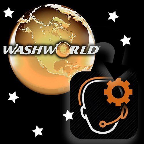Yellow Washworld globe logo to tech support icon with orange gear overlaying black and stars