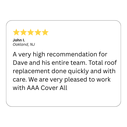 Customer review for AAA Cover All: 5-star rating and positive feedback on roof replacement.