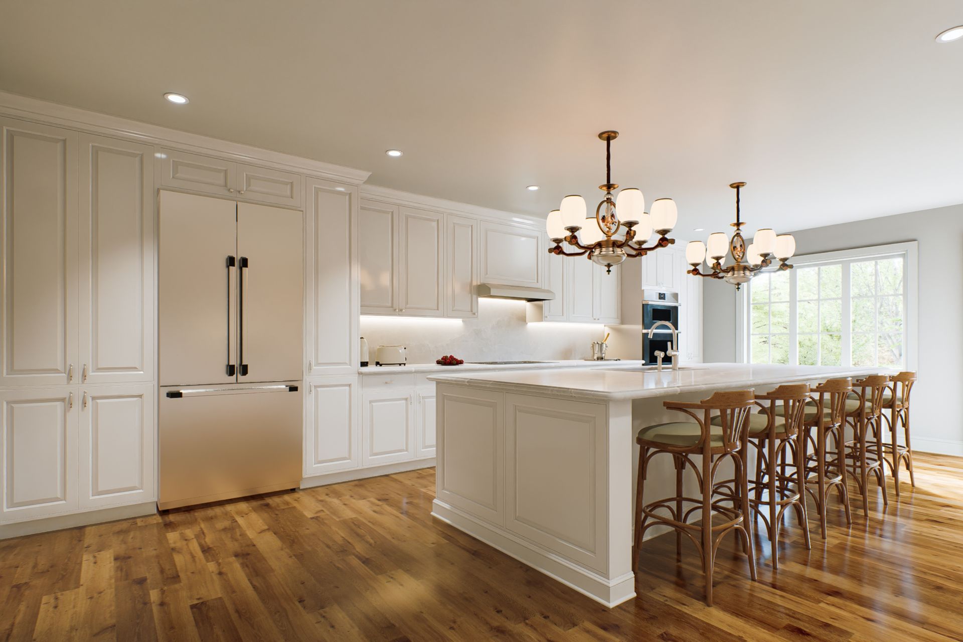 White kitchen with island, chandeliers, stainless steel appliances, and hardwood floors.