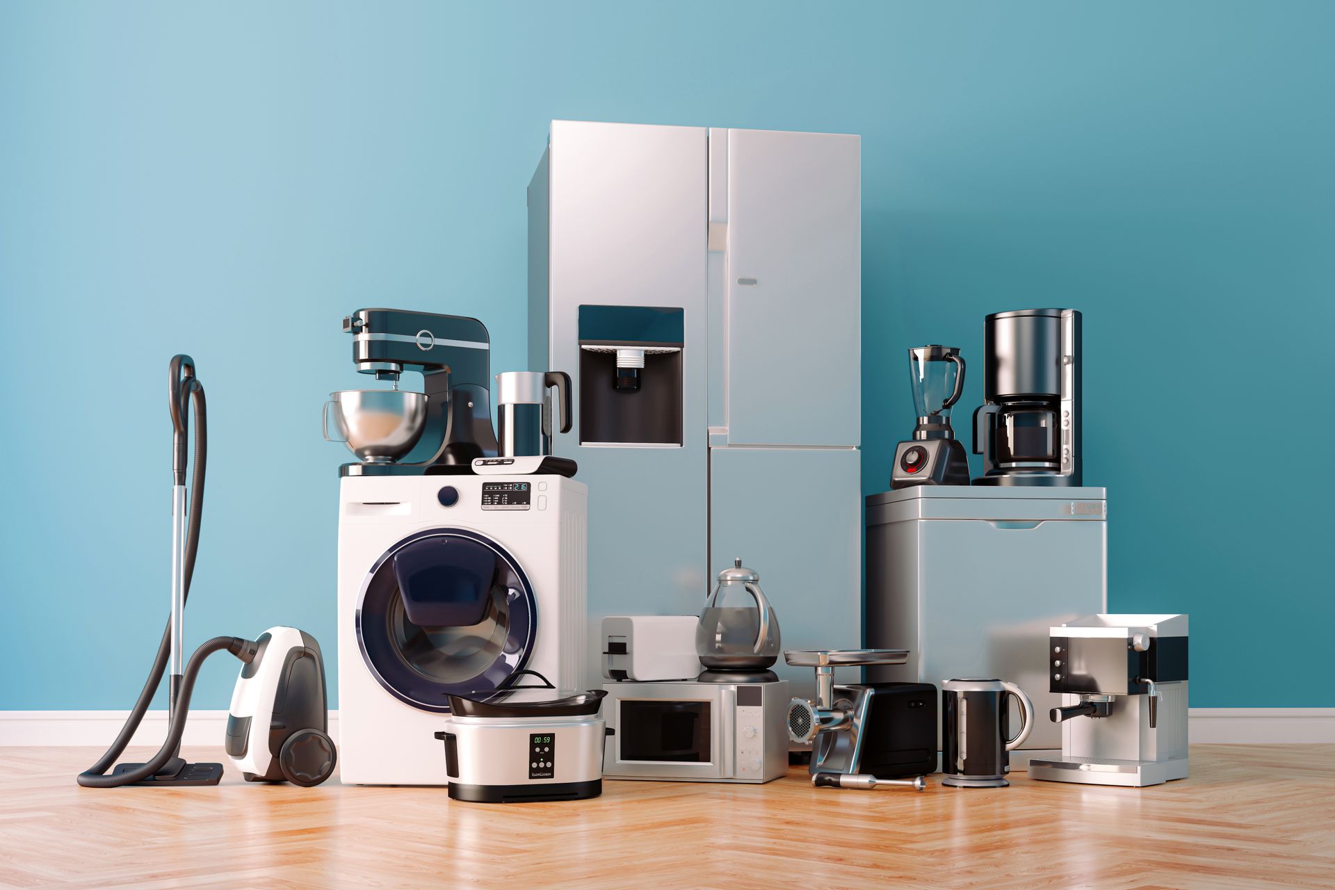 Assortment of white and silver kitchen appliances: refrigerator, washer, mixer, blender, microwave, coffee maker, etc.