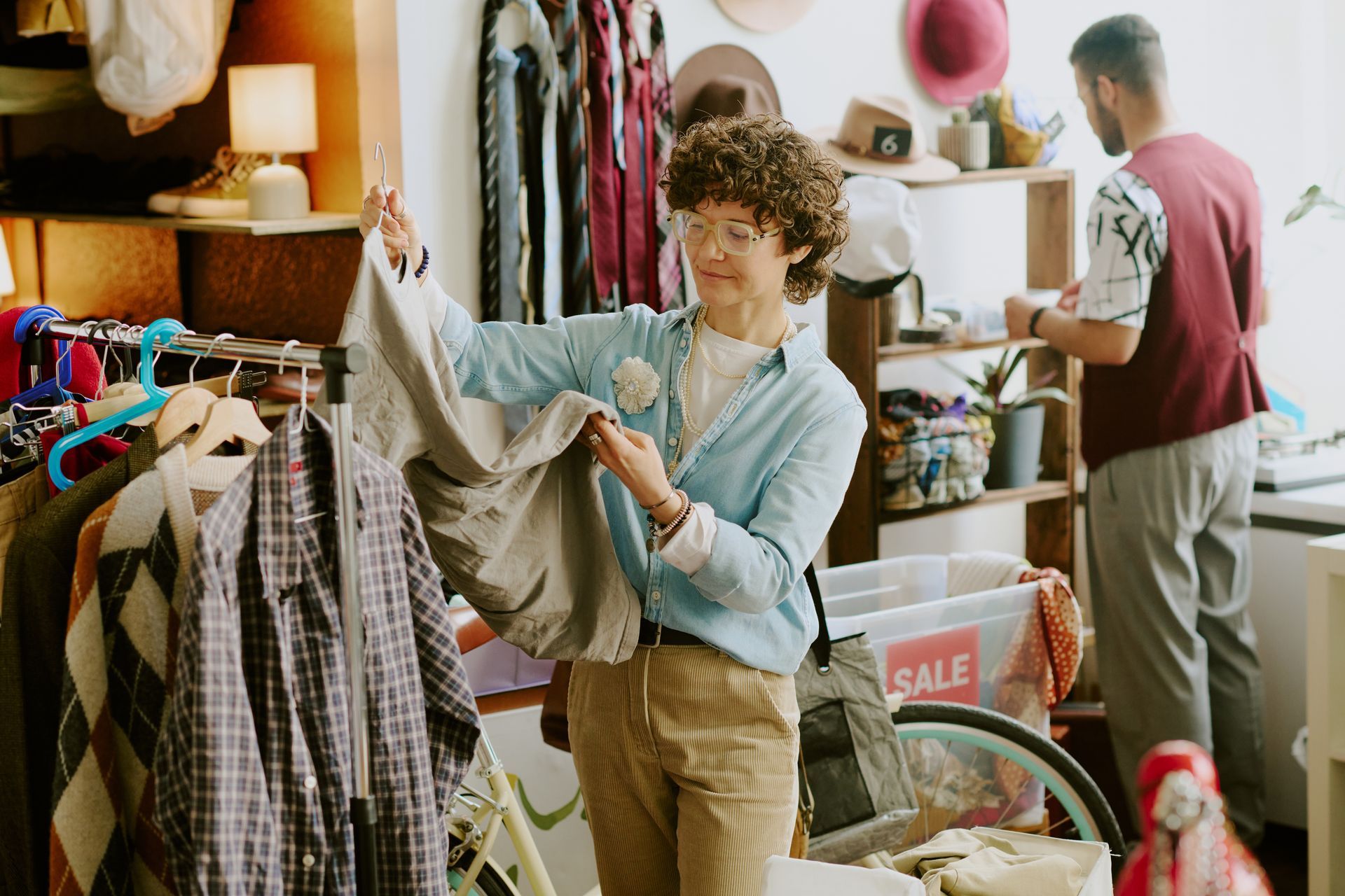 Person examining clothing in a thrift store, another person behind them.