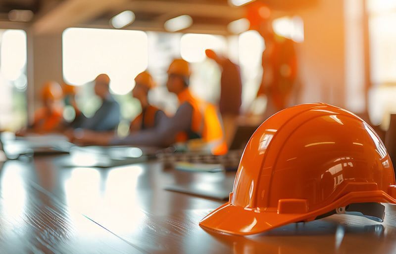 Construction worker in blue hard hat and safety vest, standing with arms crossed at a building site.