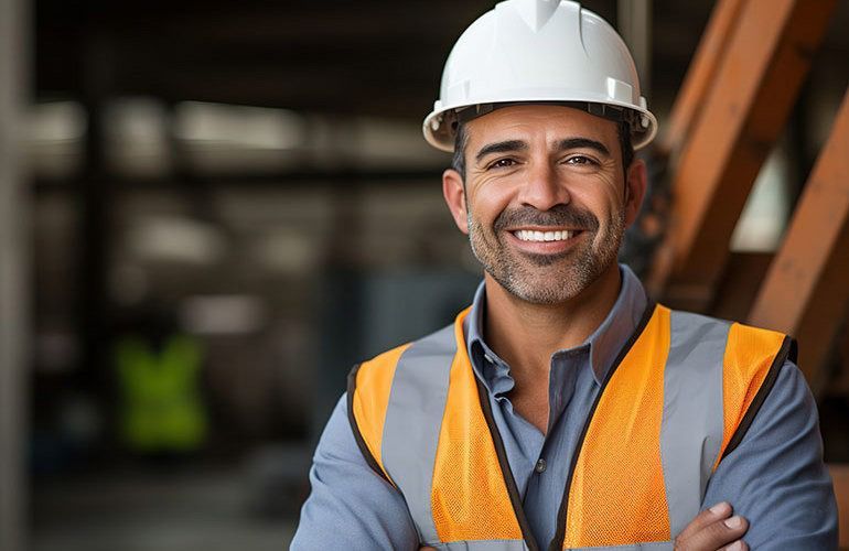 Construction worker in a hard hat and safety vest using a tablet at a building site.