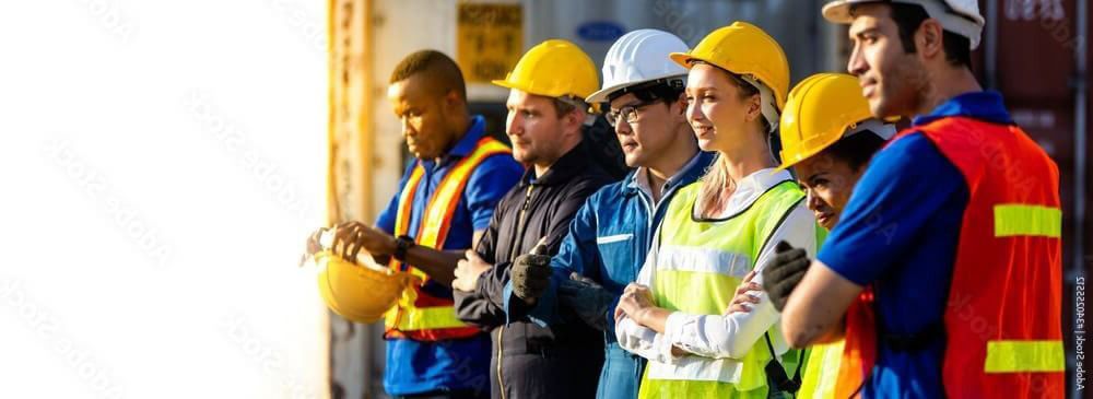 Construction worker in blue hard hat and safety vest, standing with arms crossed at a building site.