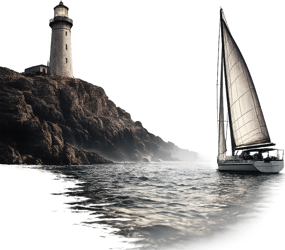 Lighthouse on a rocky coast with a sailboat on calm water at dawn
