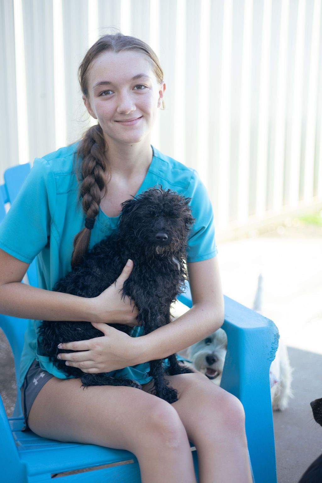 Young person holding a wet, black dog, seated in a blue chair. Another dog visible in the background.