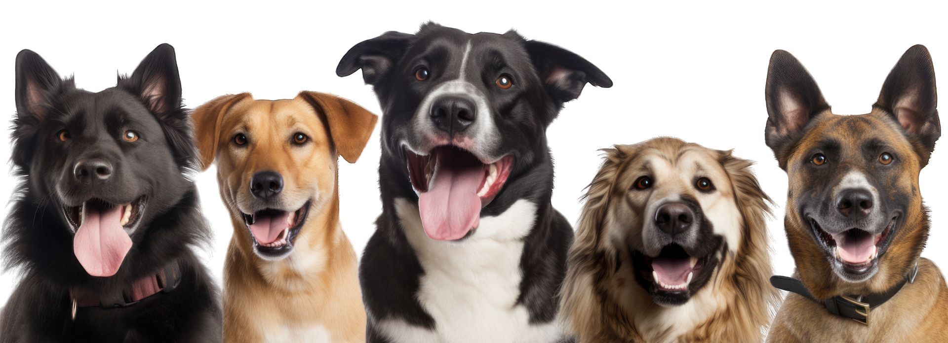 Five smiling dogs of various breeds against a white background.