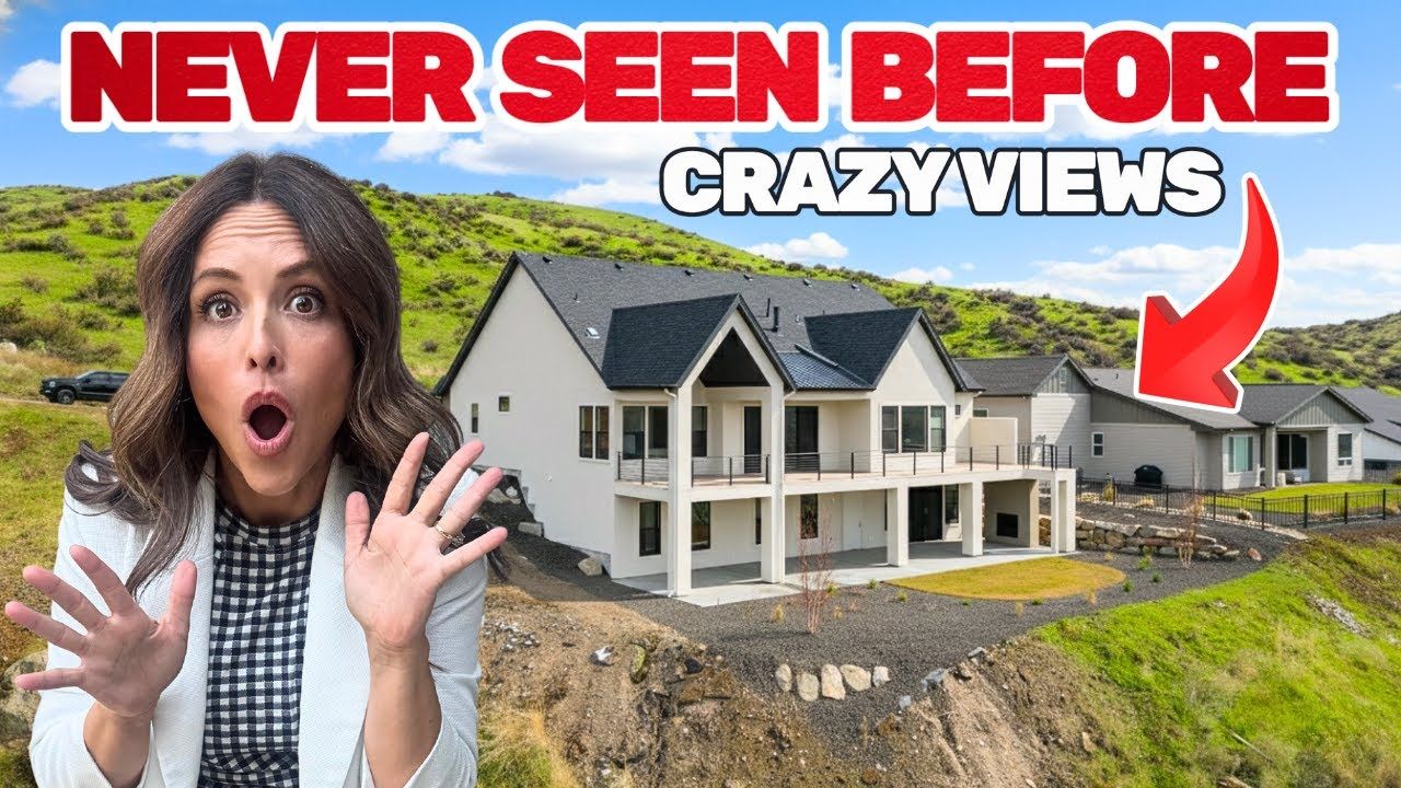 Woman gesturing in front of a large white house with black roof, set against a hillside. Text reads