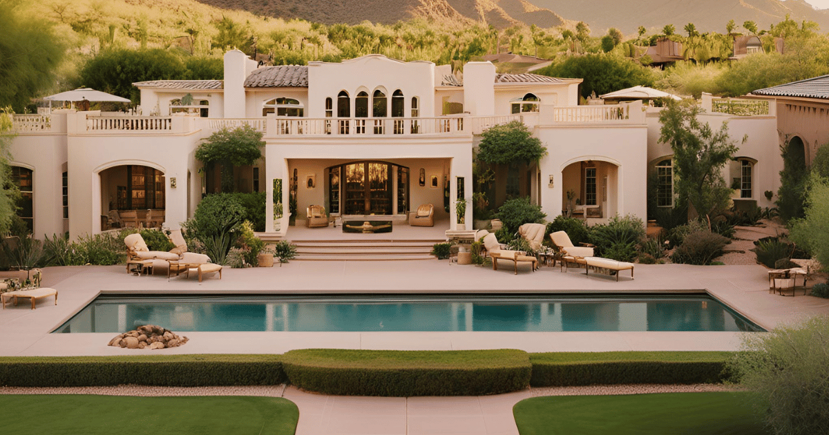 A large house with a large swimming pool in front of it.