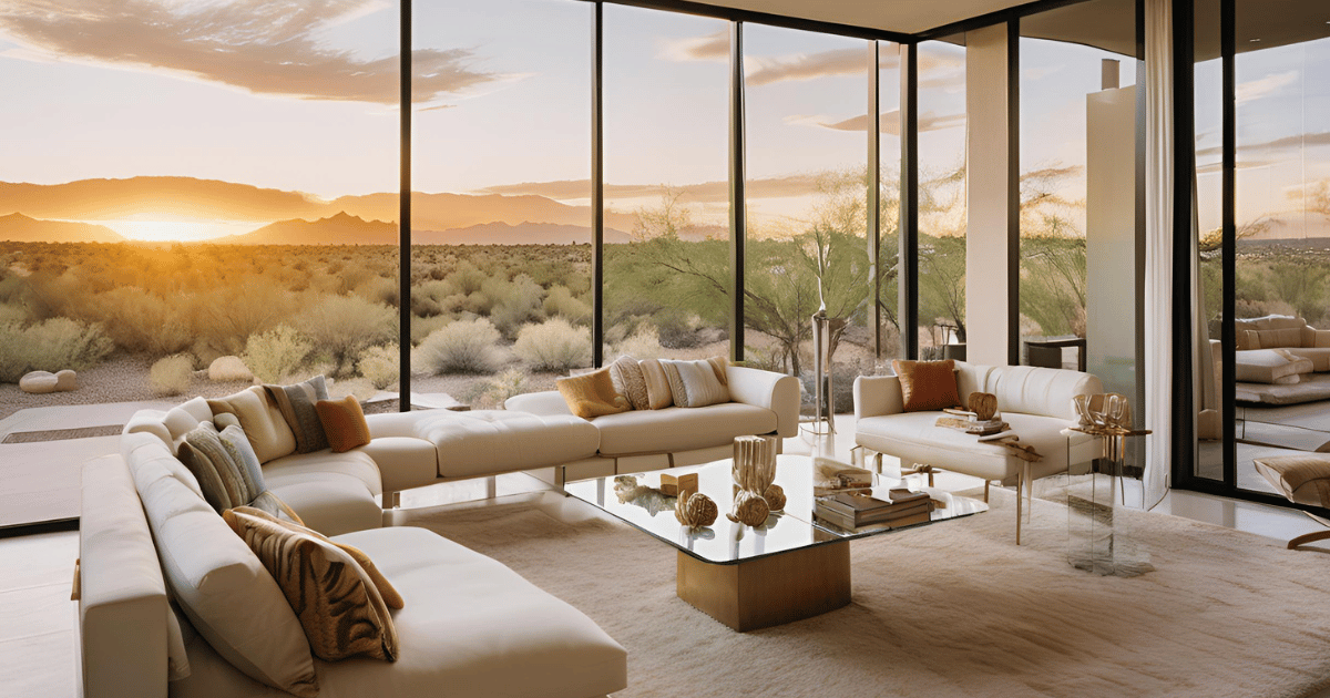 A living room with a lot of windows and a view of the desert.