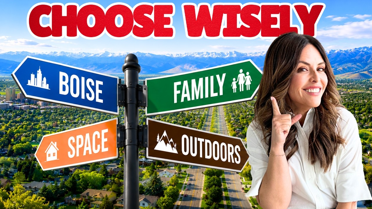 “Choose wisely” signpost with Boise, Space, Family, and Outdoors signs beside a smiling woman.