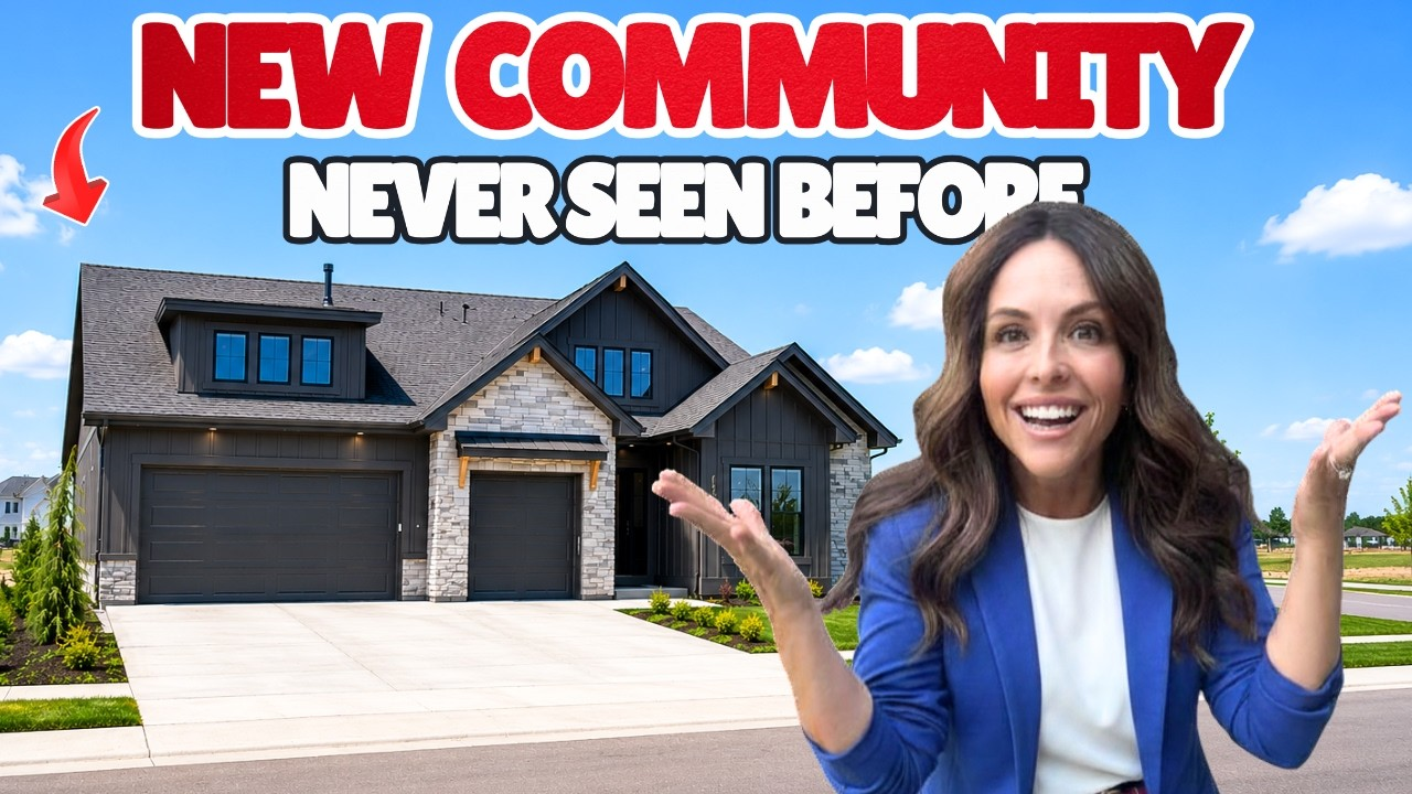 Woman in blue shirt presenting a new suburban house with “NEW COMMUNITY” and “NEVER SEEN BEFORE” text.