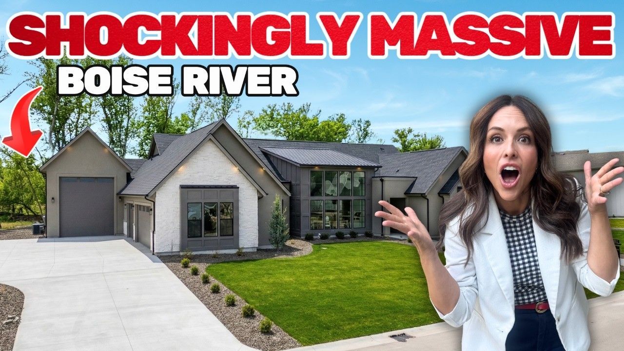 A woman expressing surprise beside a modern house, with 