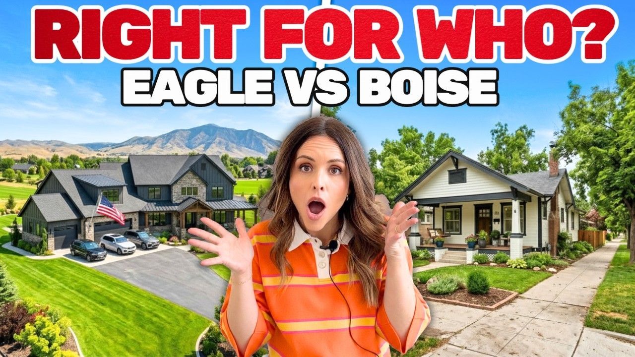 Woman in orange striped top, shocked, between two suburban houses with text “RIGHT FOR WHO? EAGLE VS BOISE”