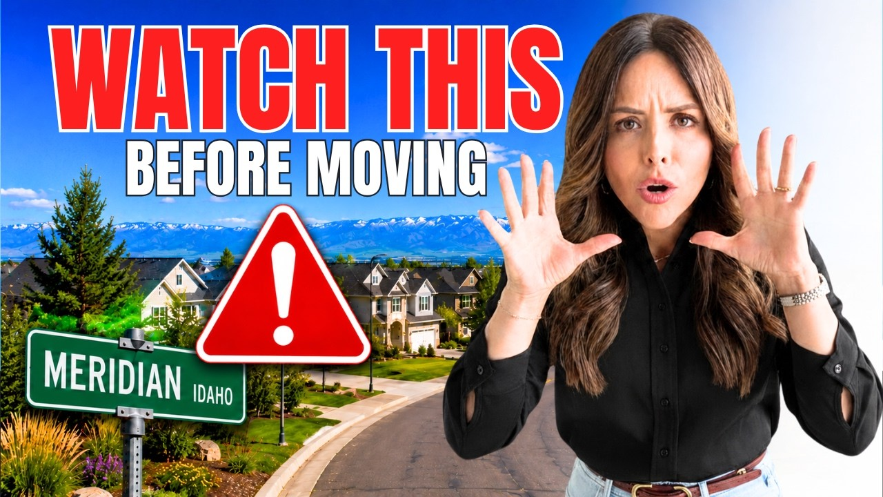 Thumbnail with “WATCH THIS BEFORE MOVING,” a warning sign, and a shocked woman near a Meridian neighborhood street