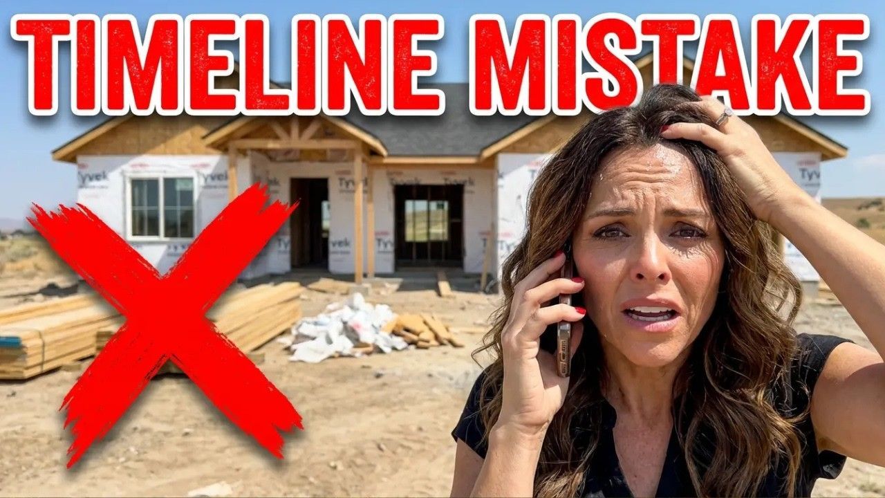 Woman on phone, distressed, with new house under construction; a red 