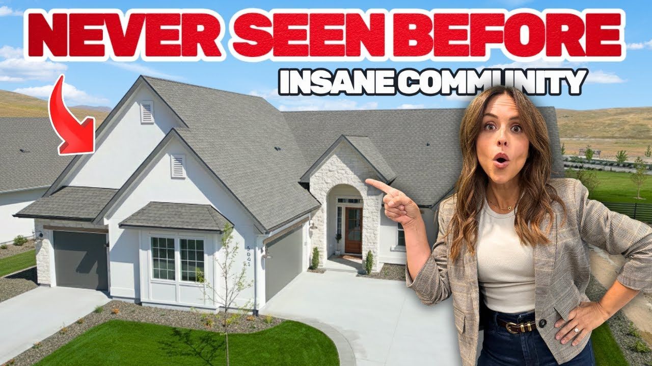 Woman points to a white house with a grey roof; text reads 