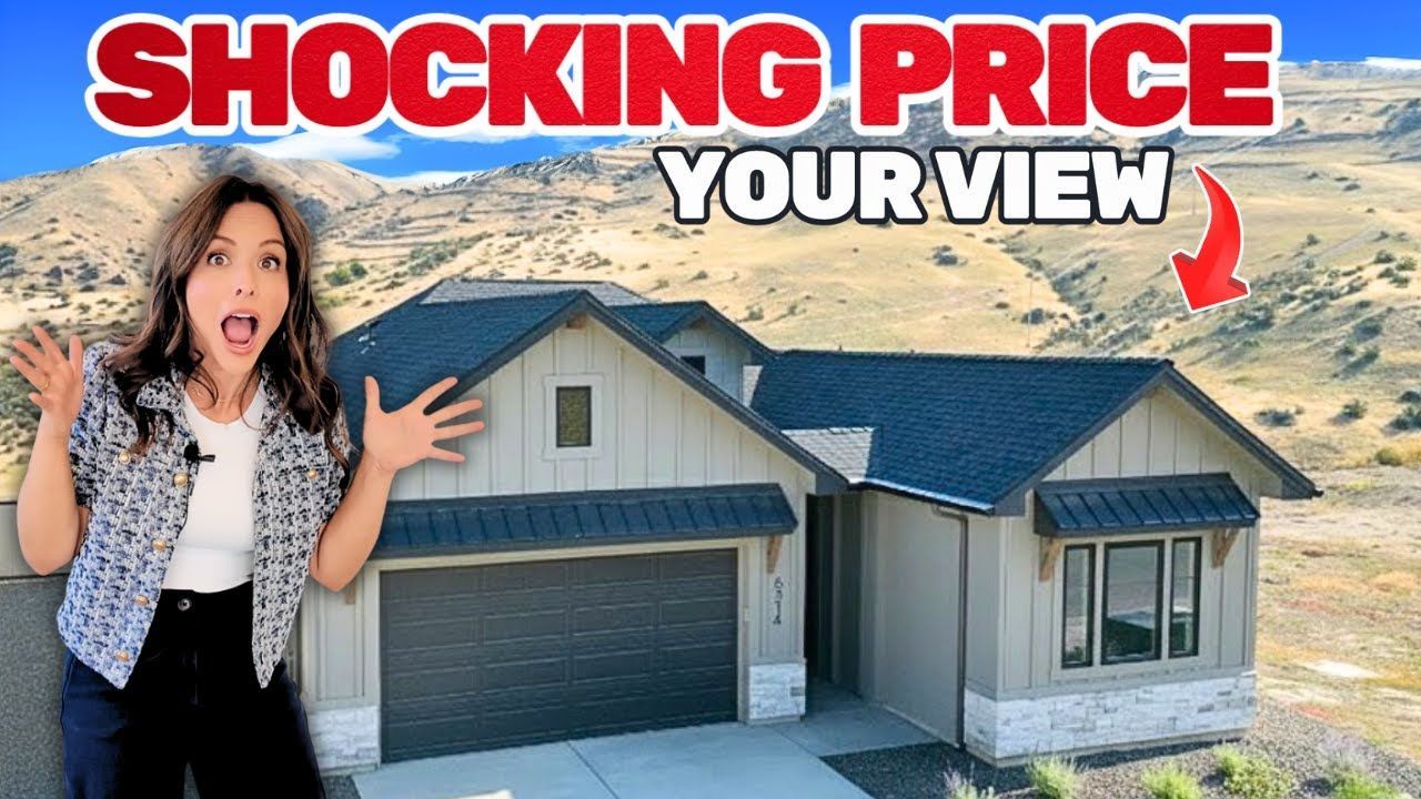 Woman gesturing excitedly in front of a house with a mountain backdrop; text overlay 