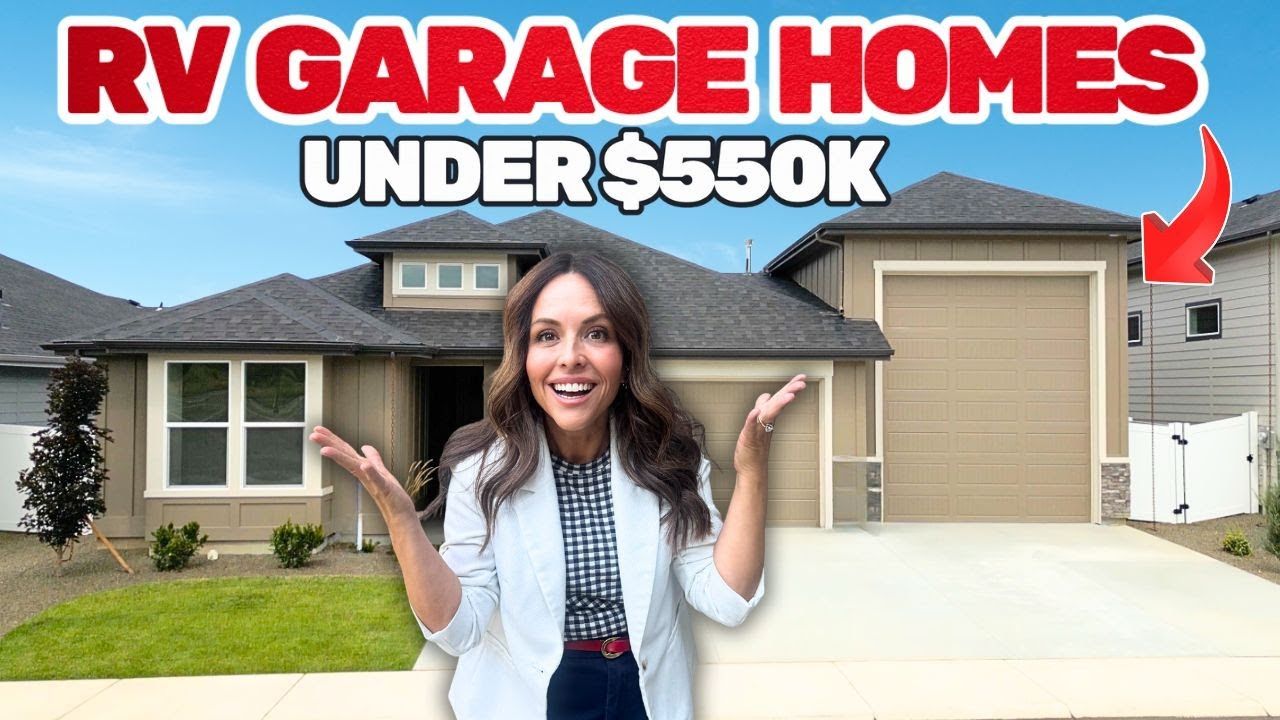 Woman stands in front of an RV garage home under $550k, with open arms, outdoors.