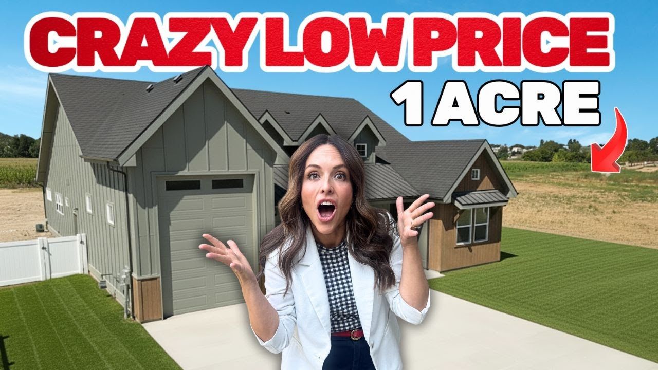 Woman in front of house, arms up, excited. Text: CRAZY LOW PRICE 1 ACRE. Sunny day.
