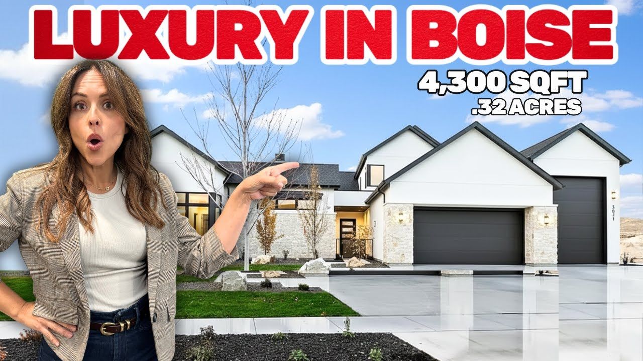 Woman pointing at a luxury home in Boise with the text