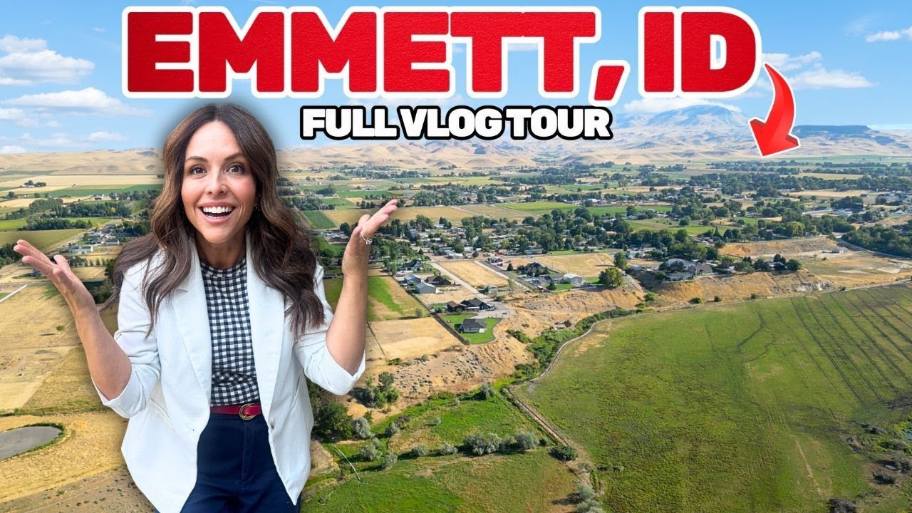Woman with arms open, smiling, aerial view of Emmett, Idaho. Red text: 