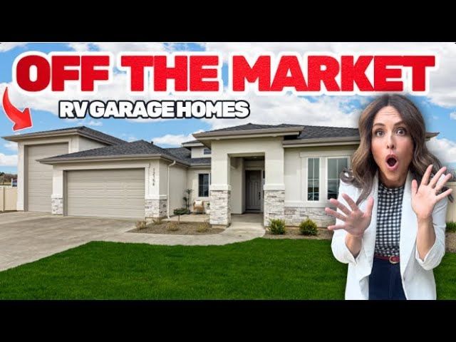 Woman with surprised expression in front of a modern house with an RV garage, headline 