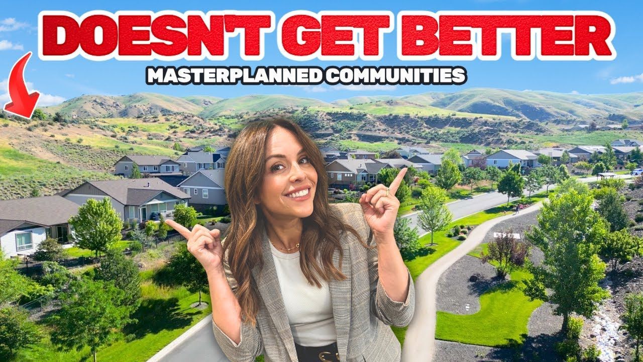 Woman points to master-planned community. Hills and homes in the background, with the words 