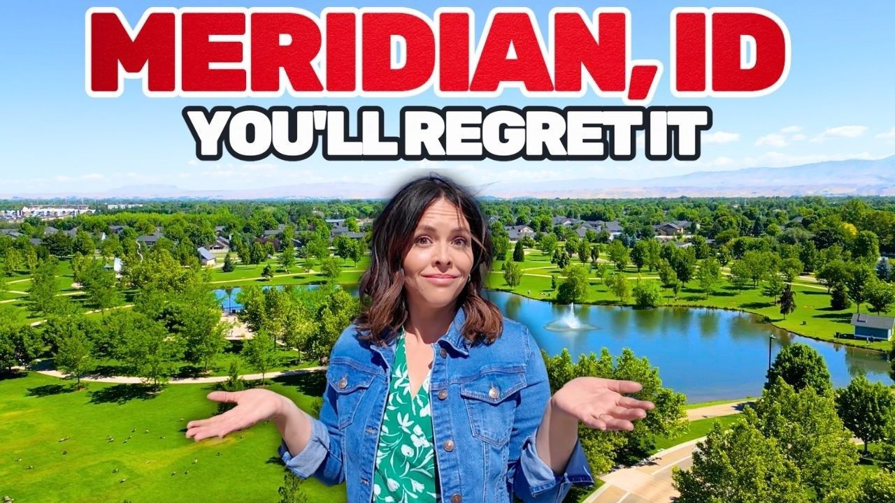 Woman in front of a Meridian, ID park with a lake. Text: 
