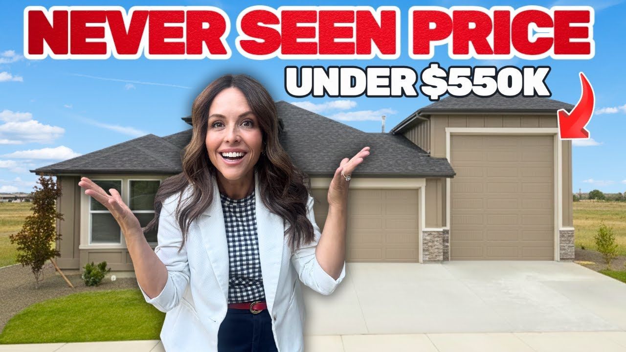 Woman standing in front of a house, gesturing to text overlay, 