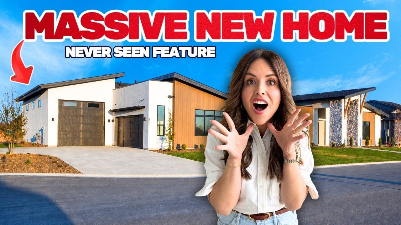 Modern white house exterior with shocked woman and bold text “MASSIVE NEW HOME” and “NEVER SEEN FEATURE”