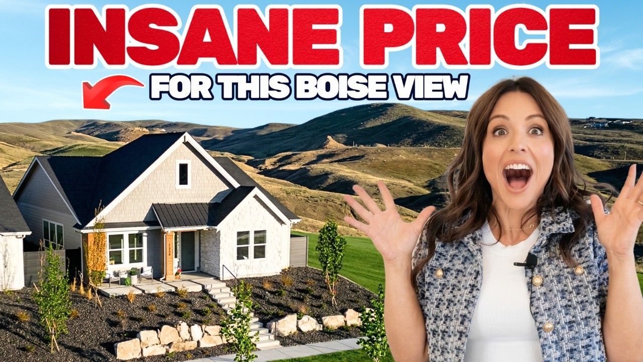 Thumbnail with house and mountains, surprised woman, and text: “INSANE PRICE FOR THIS BOISE VIEW”