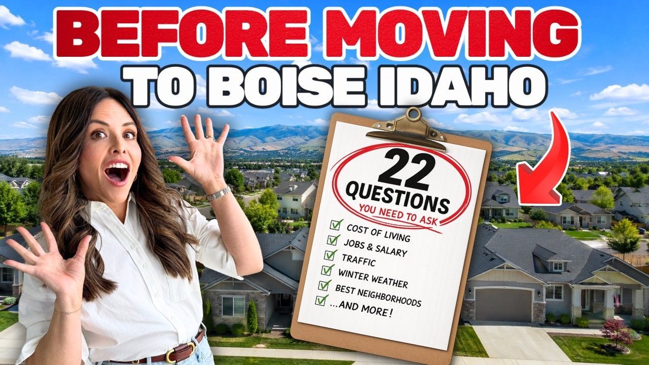 Moving to Boise, Idaho thumbnail with surprised woman, house, and clipboard labeled “22 questions”